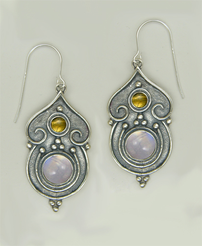 Sterling Silver Gothic Inspired Drop Dangle Earrings With Rainbow Moonstone And Citrine